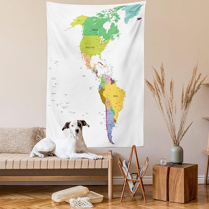 Ambesonne Map Tapestry, Map of South and North America with Countries Capitals and Major Cities Colorful Design, Fabric Wall Hanging Decor for Bedroom Living Room Dorm, 30" X 45", Green White