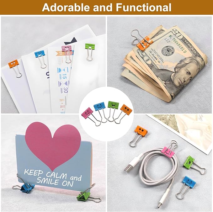 Coideal Smiling Binder Paper Clips - 40 Pcs 19mm Mini Colored Metal Fun Clip Clamps with Cute Smile Face Assorted Color for Office (0.75 inch, Small)