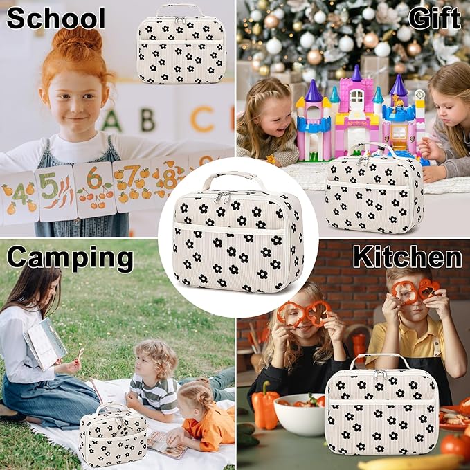 Bluboon Kids Girls Lunch Bag Insulated Lunch Box for school Corduroy Lunch Cooler Organizer School Kids Lunch Tote (Corduroy Beige Floral)