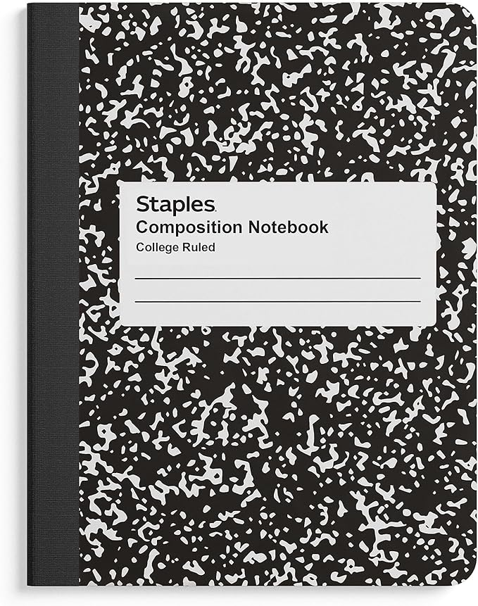 STAPLES Composition Notebook, 7.5” x 9.75”, College Ruled, 100 Sheets, Black/White Marble, 4‑Pack
