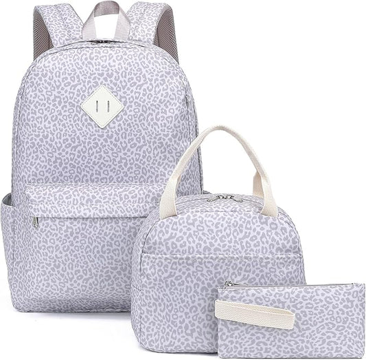 School Backpack for Girls, 3PCS Bookbags Set with Lunch Box Pencil Pouch Elementary Middle School Bag Laptop Back Packs (Purple Leopard)