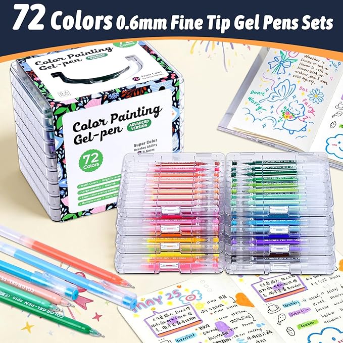 Gel Pens Set for Coloring, 72 Colors Gel Pens Markers for Adult Coloring Books, 0.6mm Fine Point Colored Pen for Painting, Doodling, Illustrations, Writing, Scrapbooking, Art DIY Crafts