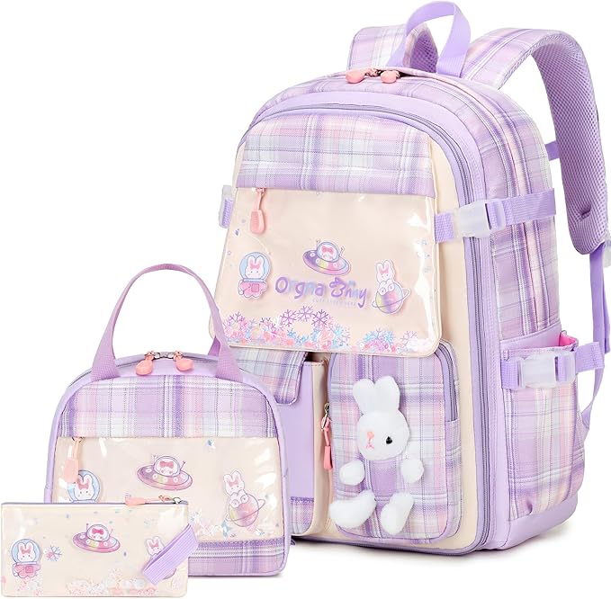 Girls Backpack Set, 3PCS Kids Backpack for Girls, Kawaii Bunny School Backpacks for Girl Kindergarten Elementary Preschool Middle School Bags with Lunch Box Pencil Case Purple-Plaid