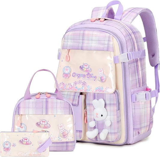 Girls Backpack Set, 3PCS Kids Backpack for Girls, Kawaii Bunny School Backpacks for Girl Kindergarten Elementary Preschool Middle School Bags with Lunch Box Pencil Case Purple-Plaid