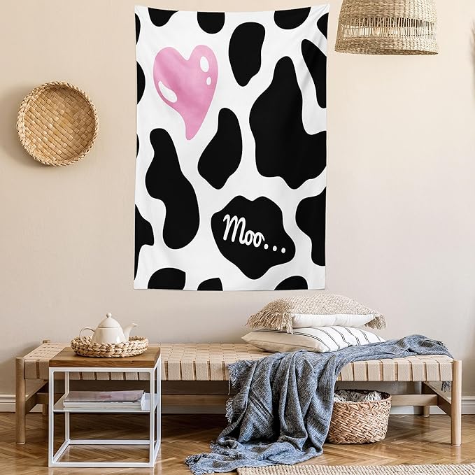 Ambesonne Cow Print Tapestry, Camouflage Hide Skin Pattern in Pastel Color Shades Heart Shape Moo, Fabric Wall Hanging Decor for Bedroom Living Room Dorm, 30" X 45", Pink Black White