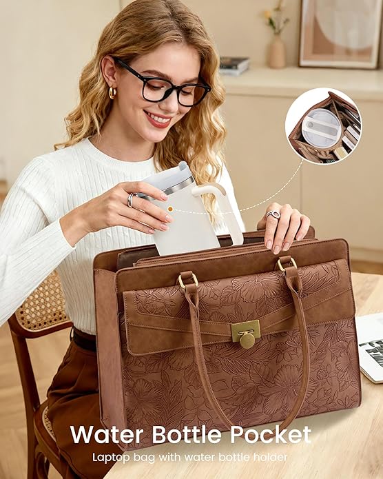LOVEVOOK Laptop Tote Bag for Women - PU Leather Vintage Work Tote Bag,Waterproof Business Teacher Bag with Large Cup Holder