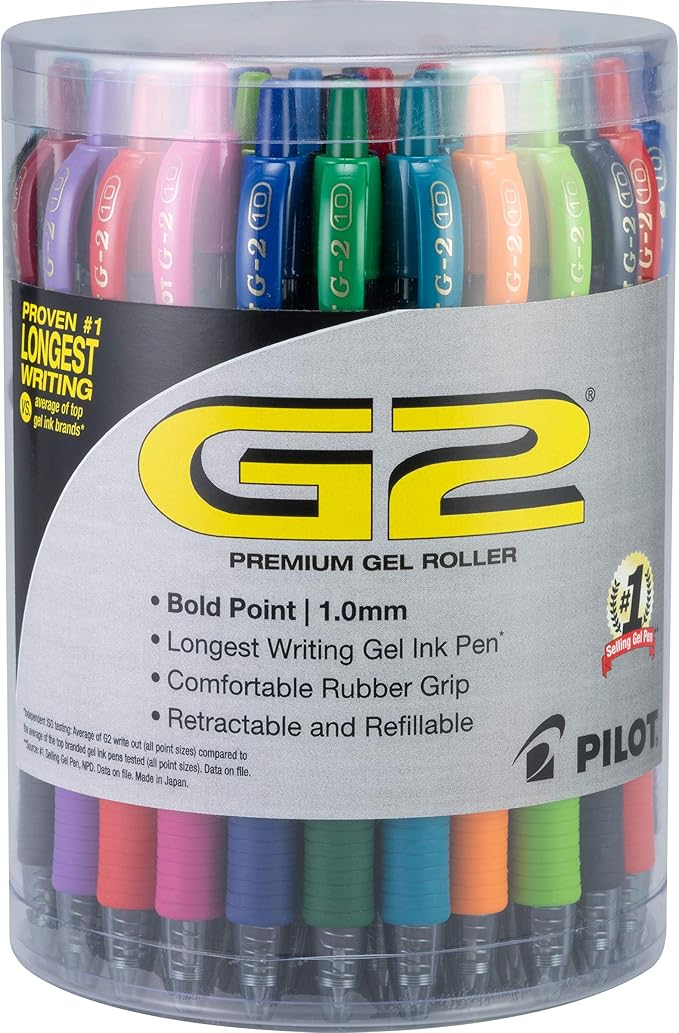 Pilot G2 Premium Retractable Gel-Ink Rolling Ball Pens, Bold Point (1.0mm), 1.0 Gel Pens, Assorted, Tub of 36 - Ideal for School, Journaling, & Office Writing