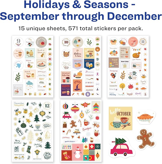 Avery Holidays and Seasons Planner Sticker Pack, Christmas, Thanksgiving, and Other Holidays, 15 Sheets, 571 Planner Stickers (6776)