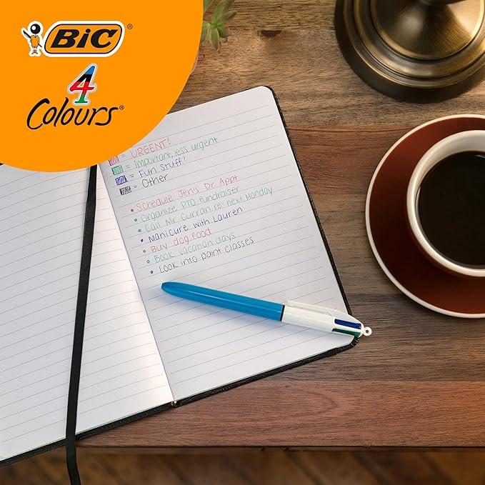 BIC 4 Colours Original Retractable Ballpoint Pens, Multi Coloured All in One, Green, Blue, Red, Black, 12 Pens Per Pack