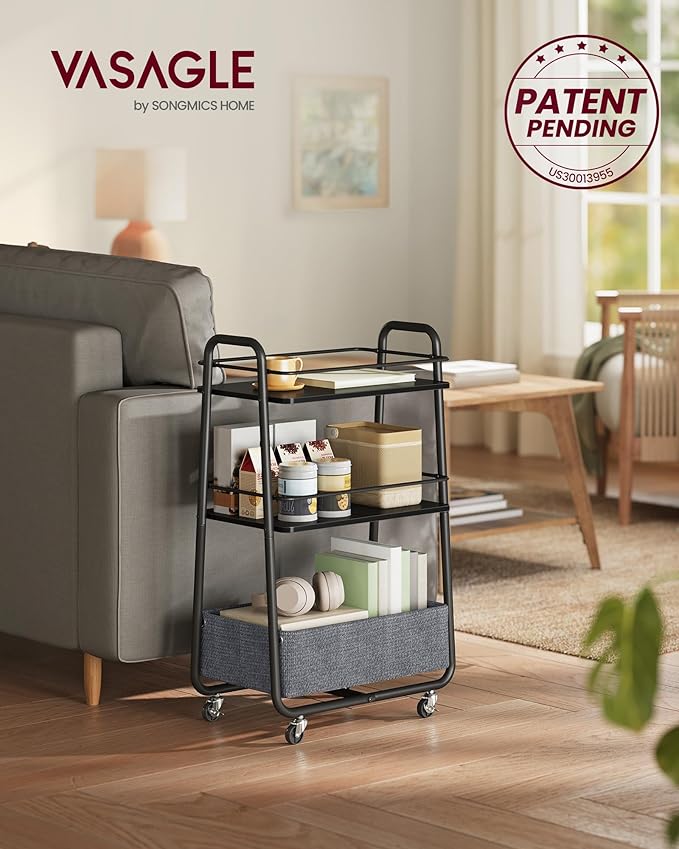 VASAGLE LILEA Collection - Storage Cart with Fabric Basket, 3-Tier Rolling Utility Cart with Wheels and Shelves, for Living Room Bedroom Kitchen, Ebony Black and Slate Gray ULRC001BE02