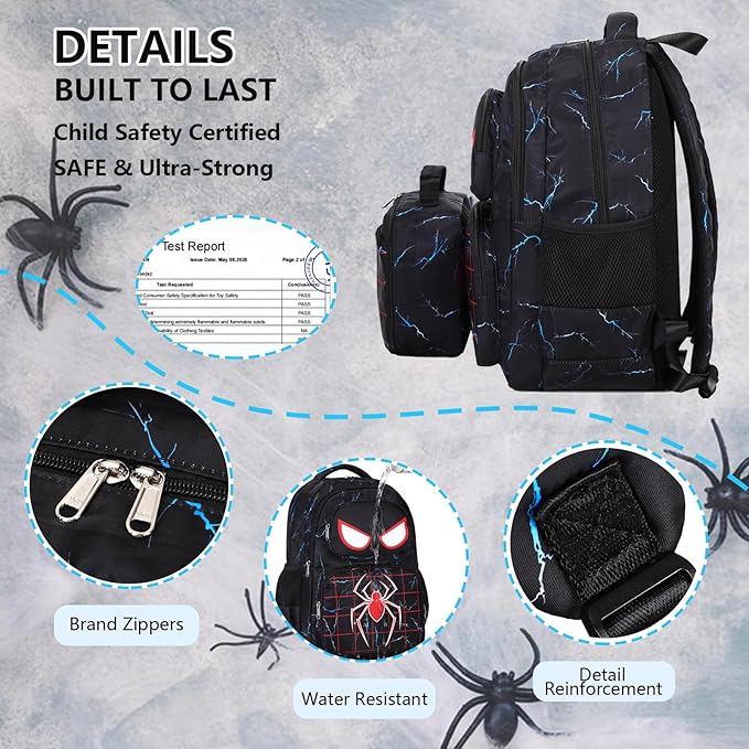 Kids Backpack Boys Spider Backpack with Lunch Box Kindergarten Elementary Middle School Toddler Bookbag for Boys Ages 4-14, Spider-Blue
