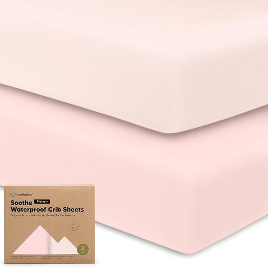 2-Pack Waterproof Crib Sheets for Boys, Girls - 52x28 Fitted Organic Cotton Baby Crib Sheets, Toddler Mattress Protector Cover, Washable, Soft & Durable Baby Bedding Essentials (Mist Rose)