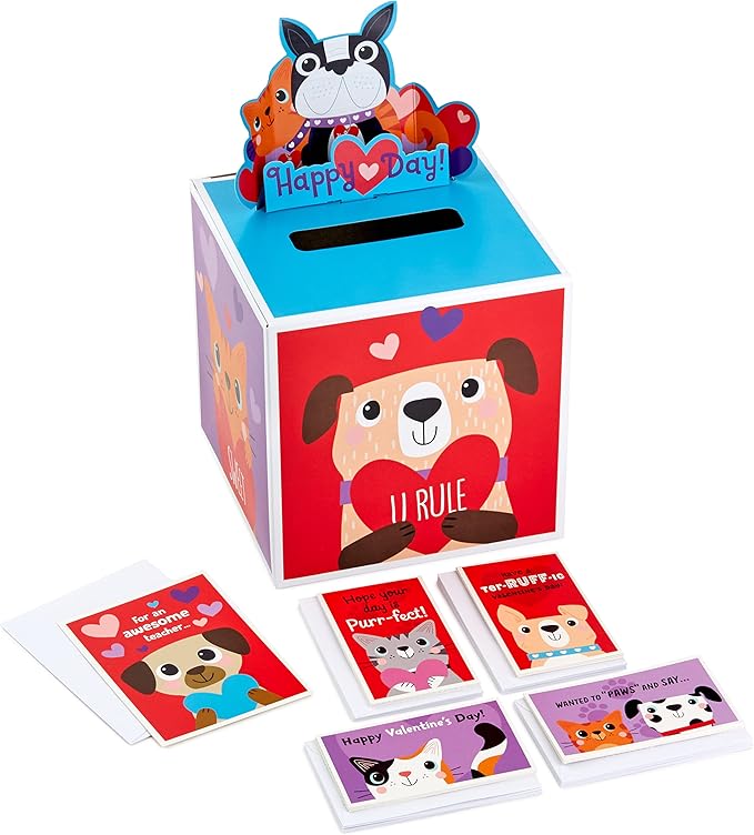 Hallmark Cats and Dogs Valentines Day Cards and Mailbox for Kids School Classroom Exchange (1 Box, 32 Valentine Cards, 1 Teacher Card)
