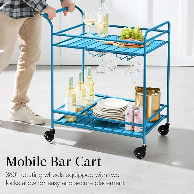 Best Choice Products Rolling Bar Cart, Mobile Home Bar Serving Cart, Serving Station w/ 2 Tier Shelves, Wine Rack, Lockable Wheels - Peacock