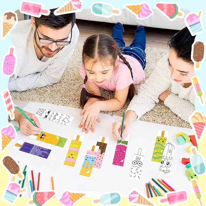 150Pcs Ice Cream Color Your Own Bookmarks for Kids Summer Ice Cream Theme DIY Coloring Blank Bookmark Classroom Art Craft Supplies for Teachers Students Birthday Gift Party Reward Goodie Fillers