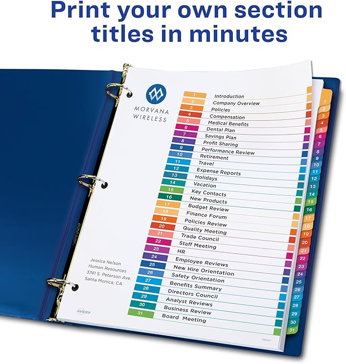 Avery 1-31 Dividers for 3 Ring Binders, 31 Tabs per Set, Customizable Table of Contents, Multicolor Tabs, Great for Organizing Reports, Projects, and More (12 Sets of 11129)