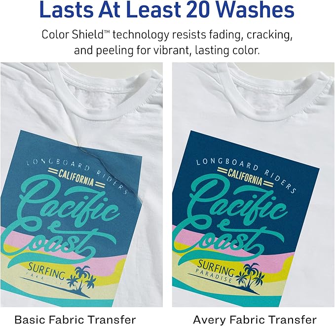 Avery Printable Heat Transfer Paper for Light Fabrics, 8.5" x 11", Inkjet Printer Compatible, 12 Sheets of Iron On Transfer Paper, Great for Custom Shirts, Uniforms, Gifts, and More (3275)