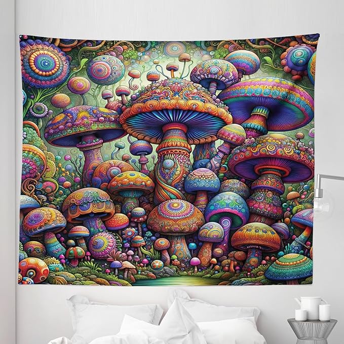 Ambesonne Mushroom Tapestry King Size, Art Trippy Jungle with Colorful Huddles of Oriental Motifs Outer World Psychedelic, Wall Hanging Bedspread Bed Cover Wall Decor, 104" X 88", Multicolor