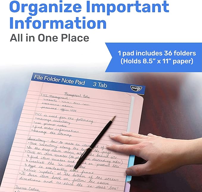 Find It File Folder Notepad - Pack of 36-9.5 x 12.5 Inch Notebook Organizer Folders for Filing, Document, and Clipboard Organization - Pastel