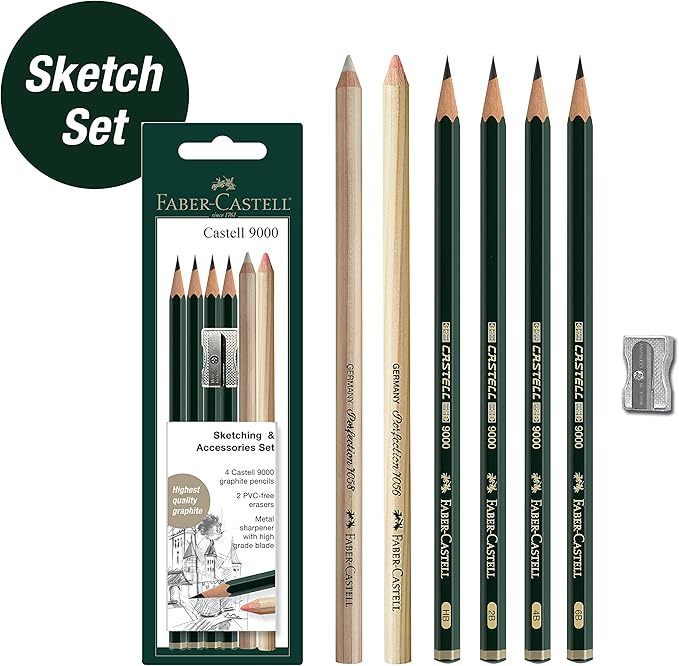 Faber-Castell Sketching and Accessories Set - Castell 9000 Graphite Pencils and Eraser Pencils - Art Pencils for Drawing and Shading