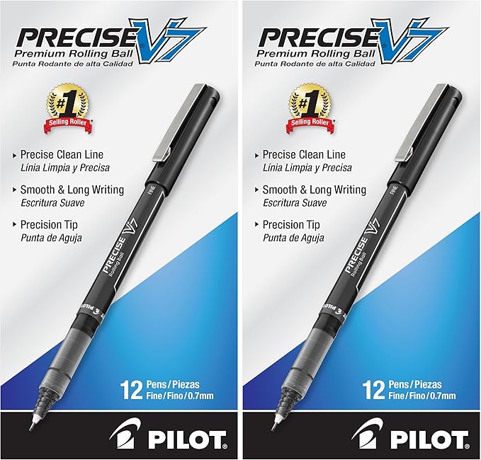 PILOT,Precise V7,Capped Liquid Ink Rollerball Pens,Fine Point 0.7 mm,Black Ink Pens,- Ideal for School,Journaling & Office Writing,12 Count (Pack of 2)