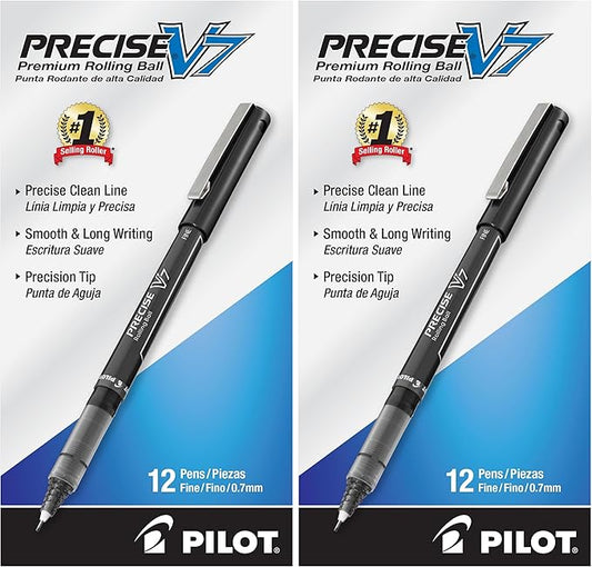 PILOT,Precise V7,Capped Liquid Ink Rollerball Pens,Fine Point 0.7 mm,Black Ink Pens,- Ideal for School,Journaling & Office Writing,12 Count (Pack of 2)