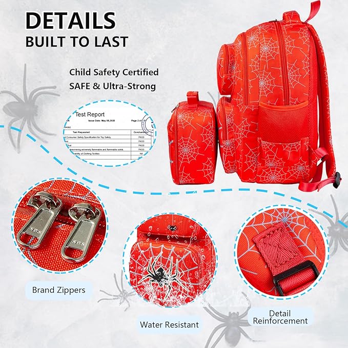 Boys Backpack with Lunch Box Glow in Dark Bookbag Kids Ages 4-12 Kindergarten Elementary Middle School Spider Backpack, Luminous Spider Red