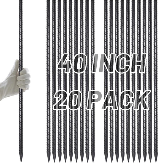 AAGUT 40" Rebar Stakes 20 pcs, Heavy Duty 1/2" Landscpe Timber Spikes Concrete Forming Stakes Straight Metal Garden Plant Stakes Anti Rust Black Coating