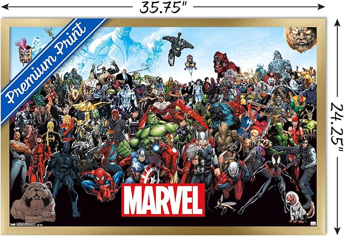 Marvel Comics The Marvel Lineup Wall Poster, 34L" x 22.4W", Gold Framed Version