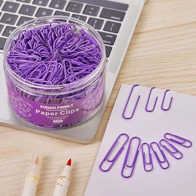FUDAO FAMILY 500pcs Purple Paper Clips Assorted Sizes, Small, Medium and Large（1.1inch, 1.3inch and 2inch Paper Clips, Vinyl Coated Paperclips for Office, School, Home Supplies