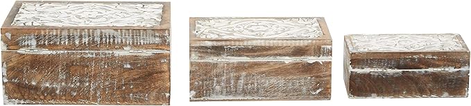 Deco 79 Wood Floral Handmade Decorative Box Decorative Keepsake Boxes with Hinged Lid, Set of 3 Storage Boxes 12", 11", 9"W, Brown