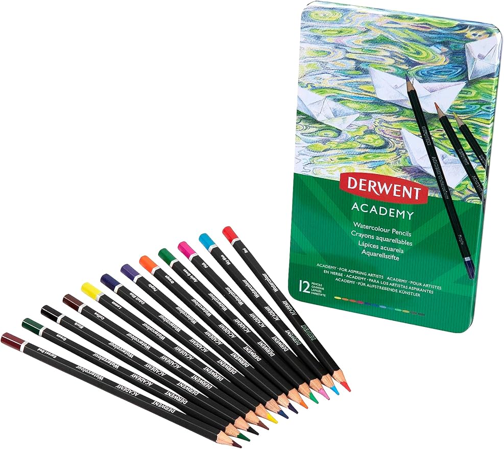 Derwent Academy Watercolor Pencils, 3.3mm Core, Metal Tin, 12 Count (2301941)