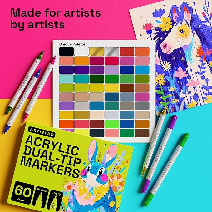 ARTISTRO 60 Acrylic Paint Markers - Paint Pens for Calligraphy, Brush + Fine Tips - For Fabric, Rock, Glass, Wood, DIY, Craft, Canvas - Art and Craft Supplies for Adults, Teens, Kids