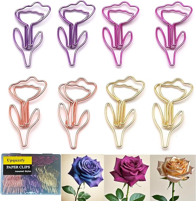 48 Pcs Metal Paper Clips Set - Multicolored Rose-Shaped Cute Paperclips for School and Office File Organization, Suitable for Party and Wedding Decor (ROSEFLOWER)