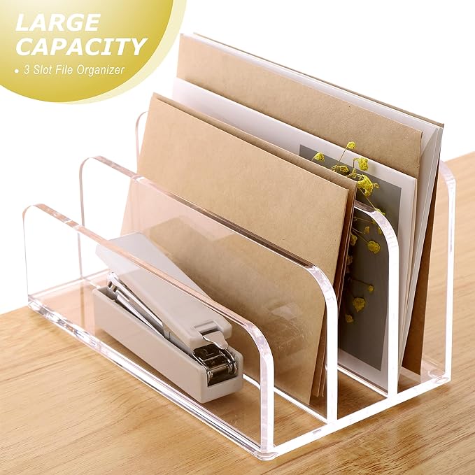 SANRUI Acrylic Mail File Organizer Sorters for Desk, 3 Upright Compartments Laddered Clear Desktop Vertical Letter Holder, Multifunction Envelope Folder Racks Holders for Office,Home, School