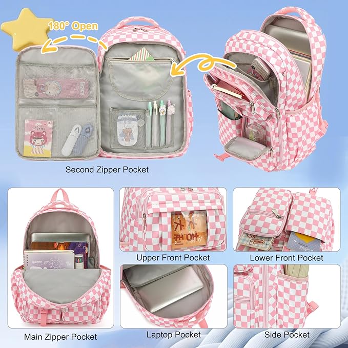 Girls School Backpack Set - Teens Kids School Bag Bookbag with Lunch Box Pencil Case for Elementary Middle School (Checkered Pink)