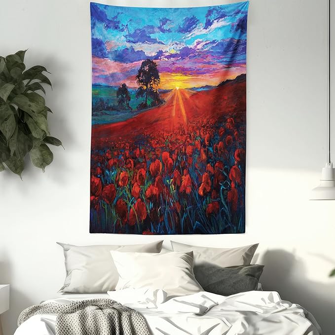 Ambesonne Country Tapestry, Clouds at Sunset Paint Scenery of Poppy Flower Garden on Valley with Horizon, Fabric Wall Hanging Decor for Bedroom Living Room Dorm, 30" X 45", Burgundy Deep Sky Blue