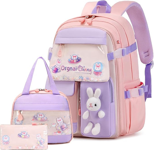 Girls Backpack Set, 3PCS Kids Backpack for Girls, Kawaii Bunny School Backpacks for Girl Kindergarten Elementary Preschool Middle School Bags with Lunch Box Pencil Case Pink