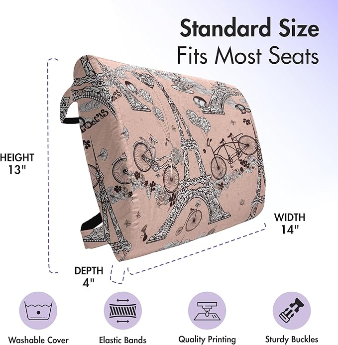 Ambesonne Eiffel Lumbar Back Support Pillow, Retro Bicycles Coffee Heart Balloons French Landmark Swirls, High Density Foam for Office Chairs Car Seats, 14" x 13", Salmon White