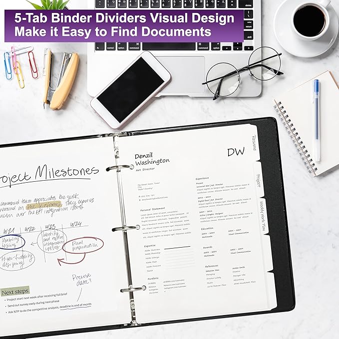 Binder Dividers with Tabs for 3 Ring Binder, 8.5 x 11 Paper Binder Dividers with Tabs 5 Tab Dividers for 3 Ring Binder, 20 Sets Page Dividers for School, Office and Home, 100 Dividers