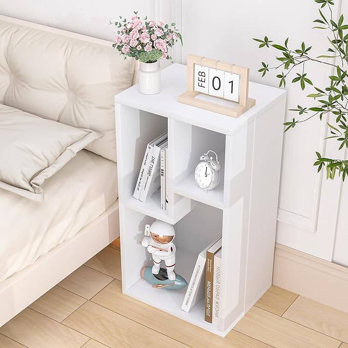 VECELO Small White Bookshelf, 3 Cube Shelf, Fits Tallest Hardcovers, Horizontal Available, Modern Storage Organzier for Small Spaces, Kids, White