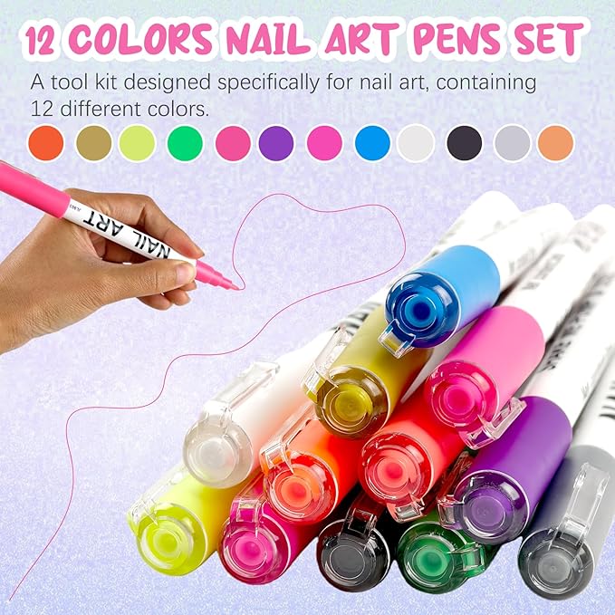 12 Color Nail Art Pens for Painting Nails, 0.7 MM 2026 Fluorescent Nail Polish Pens Drawing Point Liner Acrylic Painted Pen Kit, DIY Design Manicure Tools Christmas Gifts