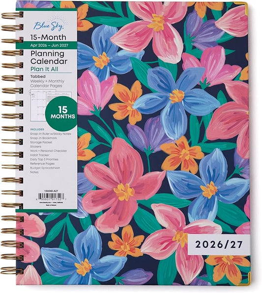 Blue Sky 15 Month 2026-2027 Weekly and Monthly Academic Year Planner Calendar, April 2026 - June 2027, 8.5" x 11", Hard Cover, Wirebound, Laminated Tabs, Storage Pocket, Includes Snap-in Ruler w/Sticky Notes & Sticker Sheet, Nerina
