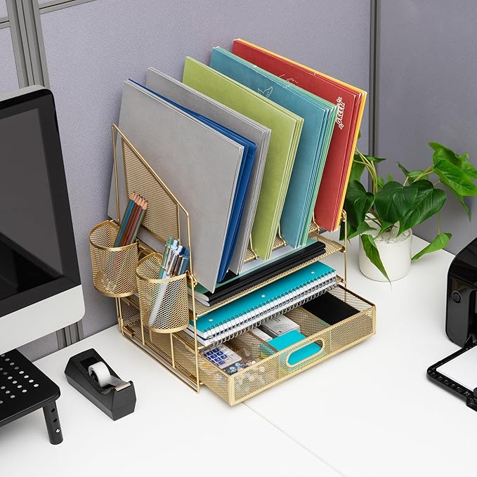 Office Depot® Brand Mesh Desk Organizer With Vertical Storage And Pen Holders, 16" H x 12-3/4"W x 9-1/2"D, Gold
