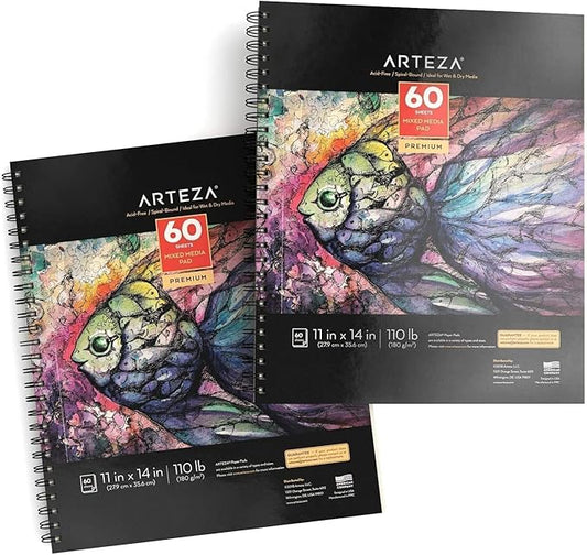 ARTEZA Mixed Media Sketchbook, 11x14 Inches – 12-Pack, 60 Spiral-Bound Sheets, 110 lb Acid-Free Paper for Wet & Dry Media: Acrylic, Ink & Pencil