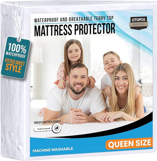 Utopia Bedding Waterproof Mattress Protector Queen Size, Premium 200 GSM Terry Mattress Cover, Soft & Breathable Bed Cover, Fitted Sheet Style with Stretchable Deep Pockets 17" (White)