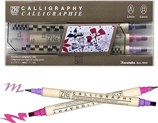 Kuretake Zig Calligraphy Dual Tip Marker Pens 3 colors set, VioletPink, 2mm, 5mm, Double Tip, for Art, Sketch, illustration, Calligraphy, Journal, Drawing, Made in Japan
