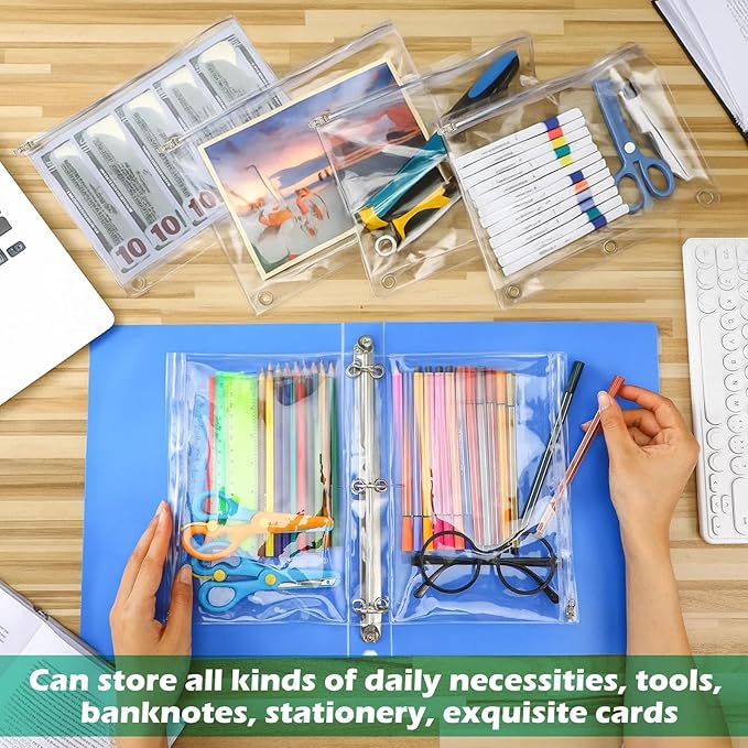 Lincia 24 Pack Clear Pencil Pouch for 3 Ring Binder Pencil Case with Zipper 3 Ring Binder Pocket Insert Bag 10 x 7'' Visible Cash Envelope with Re-enforced Grommet for Office (Clear)