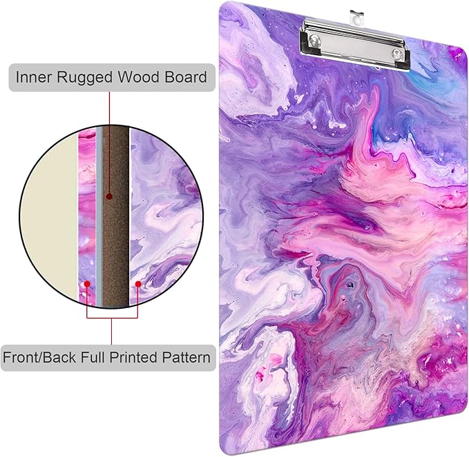 Fashion Clipboard, A4 Letter Size Wooden Decorative Clipboards for Teacher, Nurse, Doctor,Student and Kids, Cute Design for Standard Size 12.2" x 8.9" (C-Purple Marble)