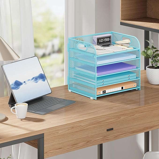 2 Pack 5 Tier Paper Organizer, Letter Tray with Handle, Mesh Desk Organizer, Metal File Organizer, Office Desk Accessories for Home, Office, Classroom, School -Blue